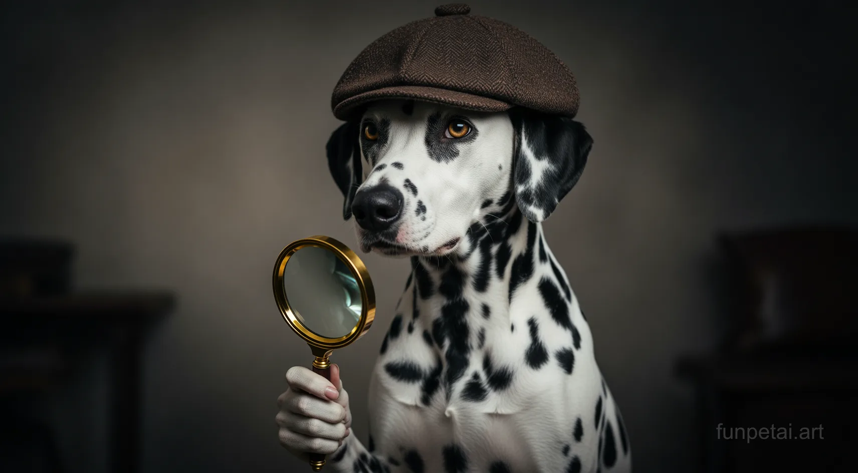 Dalmatian as a detective with a deerstalker hat and magnifier, cinematic AI pet portrait