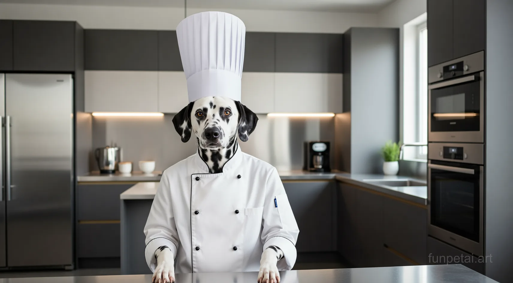 Dalmatian wearing a chef hat in a modern kitchen, cinematic AI pet portrait