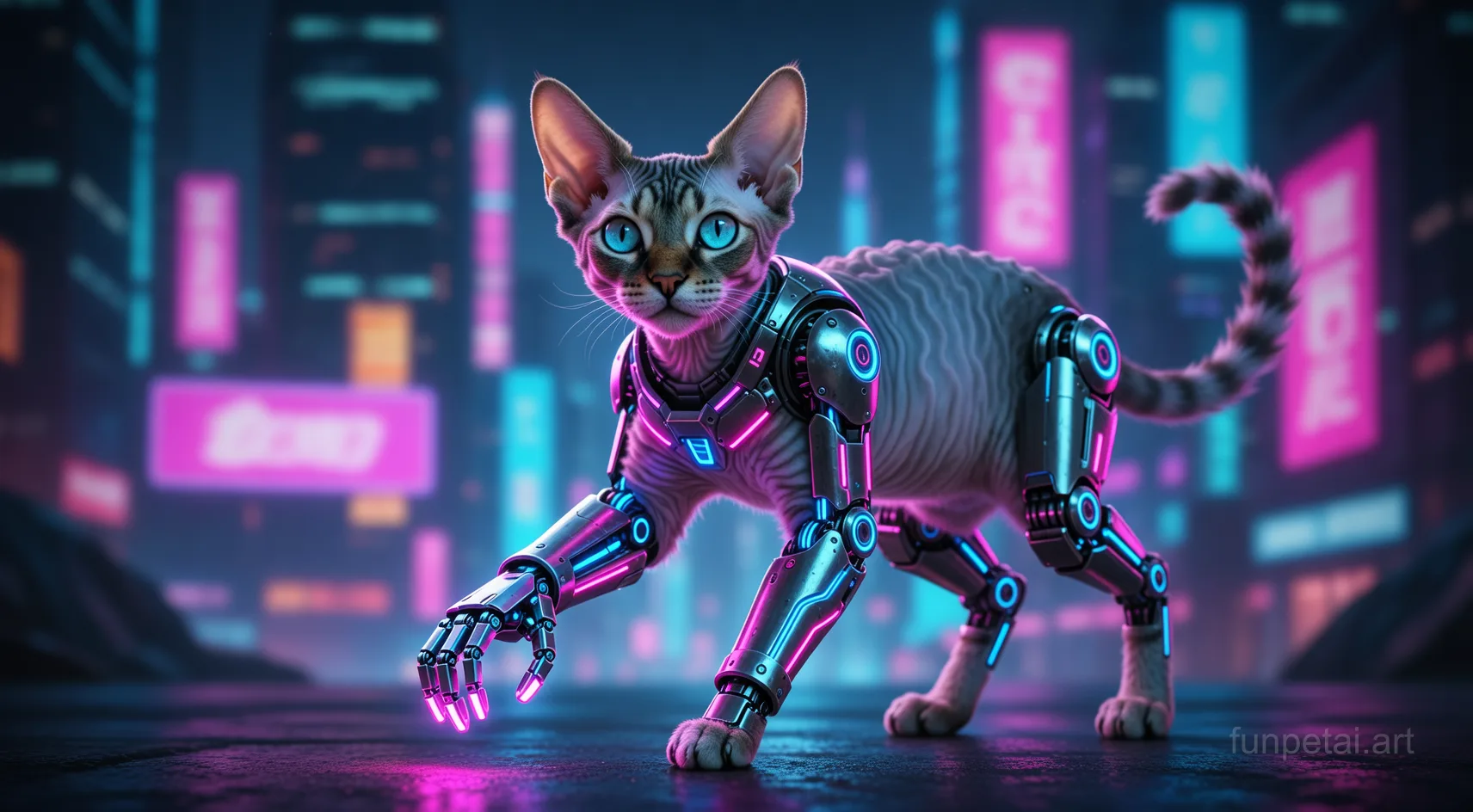 Devon Rex in neon cyberpunk city lights with metallic accents, cinematic AI pet portrait