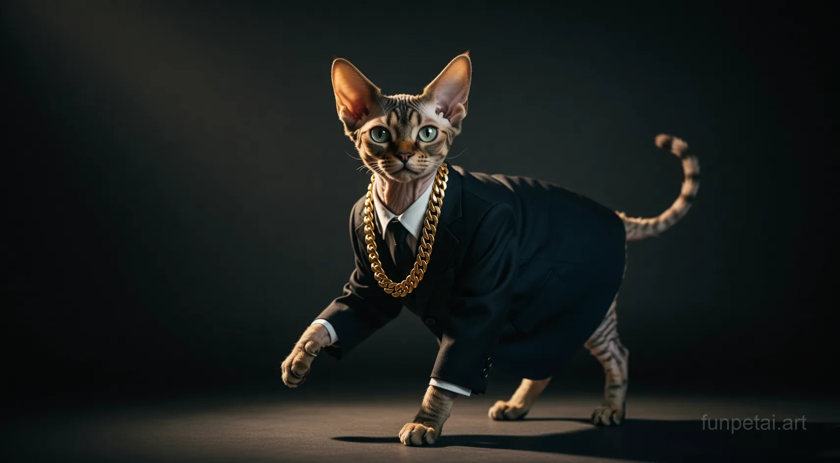 Devon Rex in a dark suit with gold chain, cinematic noir lighting, cinematic AI pet portrait