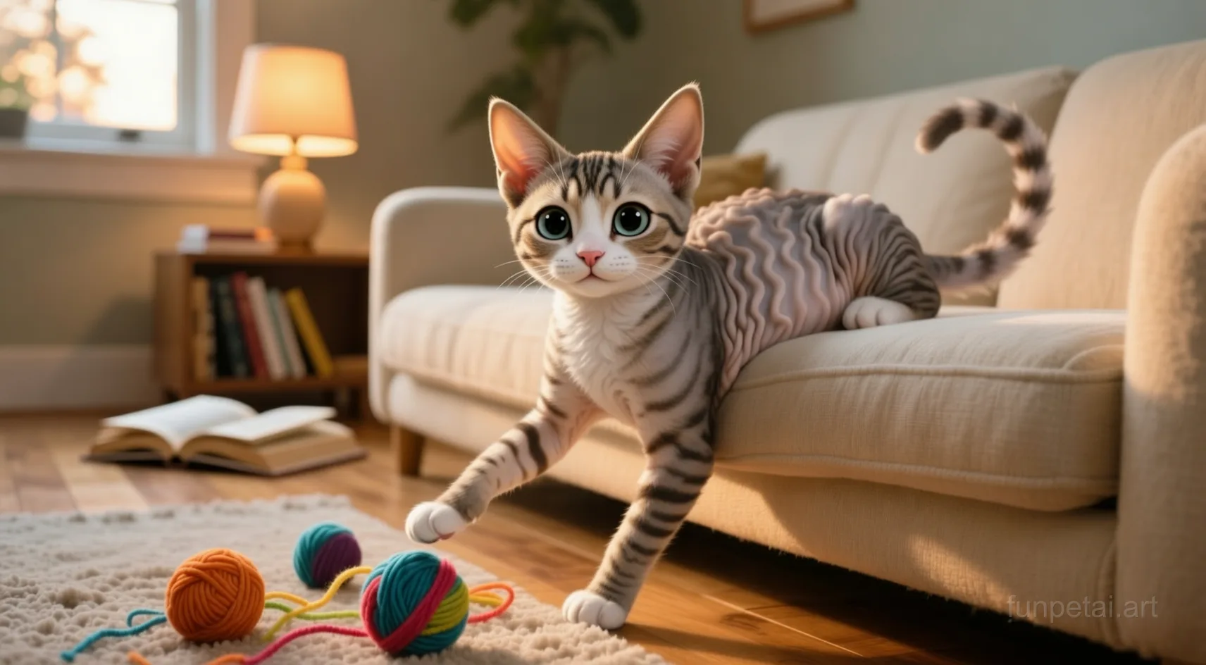 Devon Rex with a tiny-face studio portrait look, cinematic AI pet portrait