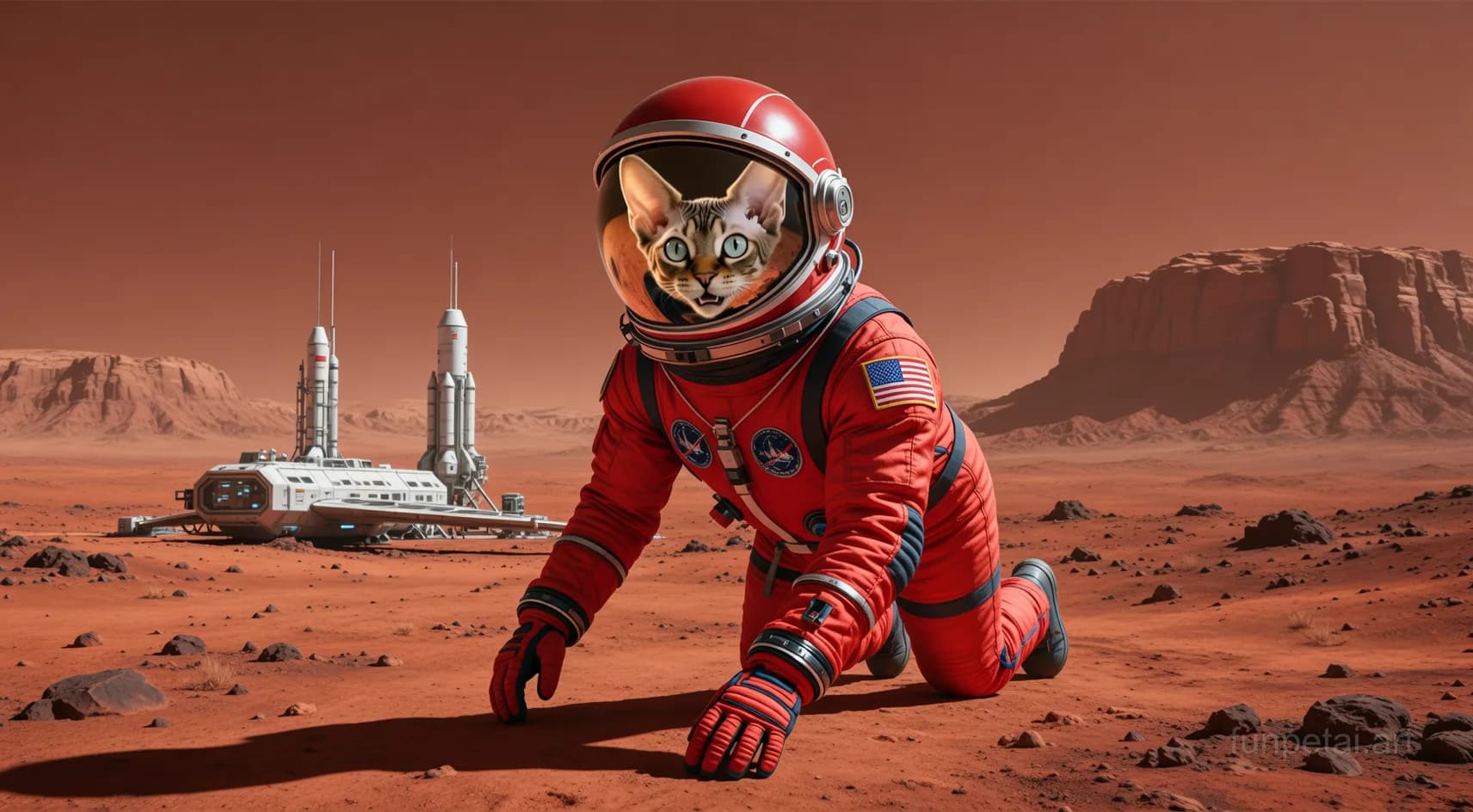 Devon Rex wearing a space suit on Mars, red planet glow, cinematic AI pet portrait
