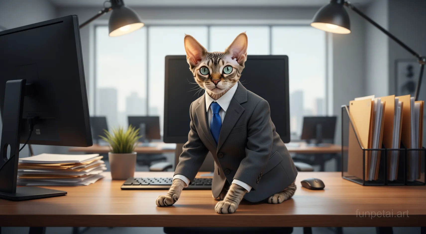 Devon Rex in a tailored suit at a modern office desk, cinematic AI pet portrait