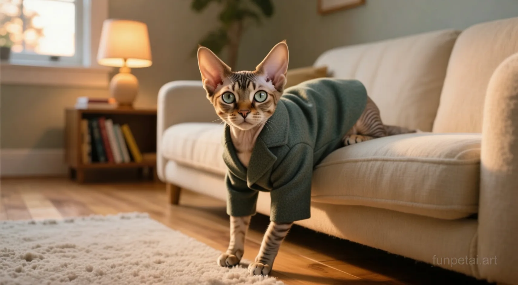 Devon Rex in an old money portrait with cashmere texture, cinematic AI pet portrait