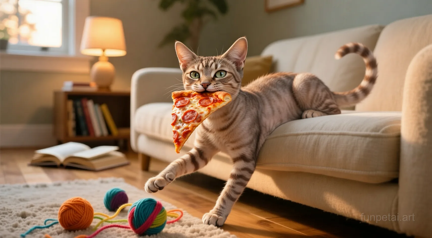 Devon Rex stealing a pizza slice with a playful expression, cinematic AI pet portrait