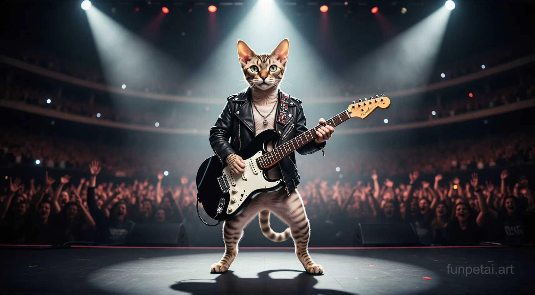 Devon Rex on stage with an electric guitar and concert lights, cinematic AI pet portrait