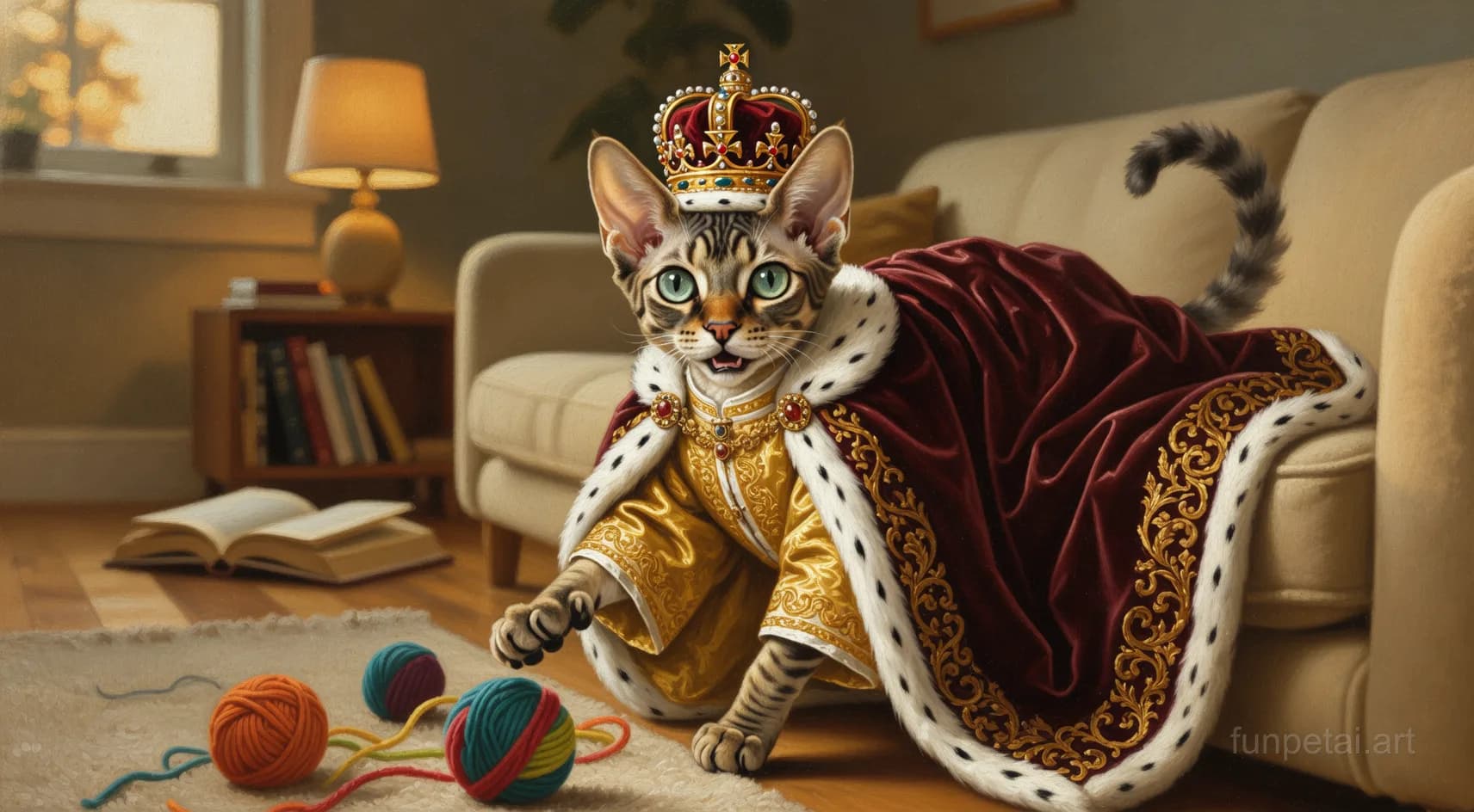 Devon Rex in a royal portrait with ornate outfit, classic oil texture, cinematic AI pet portrait