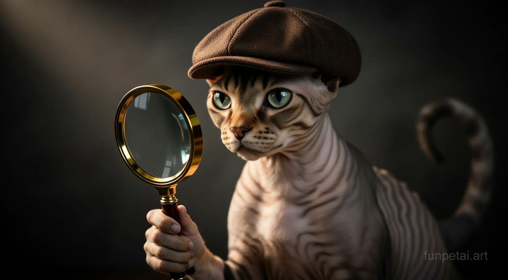 Devon Rex as a detective with a deerstalker hat and magnifier, cinematic AI pet portrait