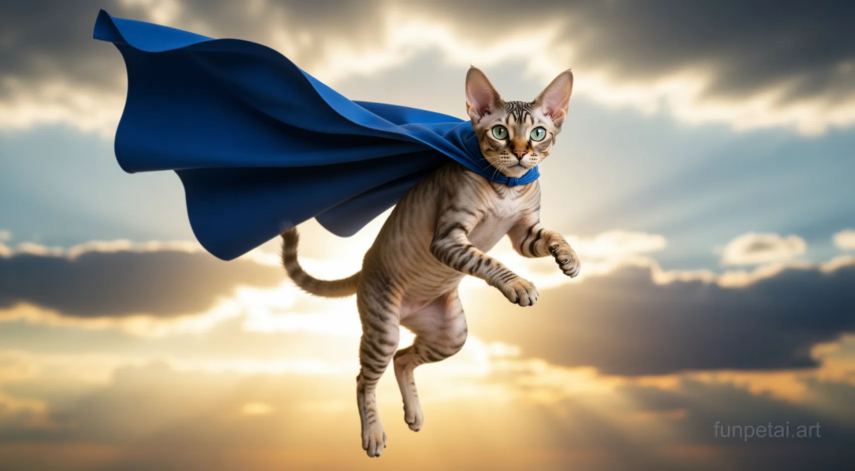 Devon Rex as a superhero with a cape and heroic sky, cinematic AI pet portrait