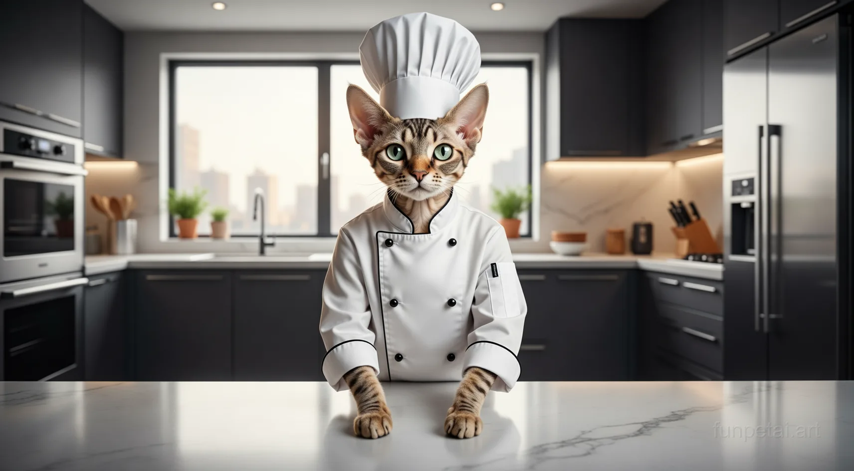 Devon Rex wearing a chef hat in a modern kitchen, cinematic AI pet portrait