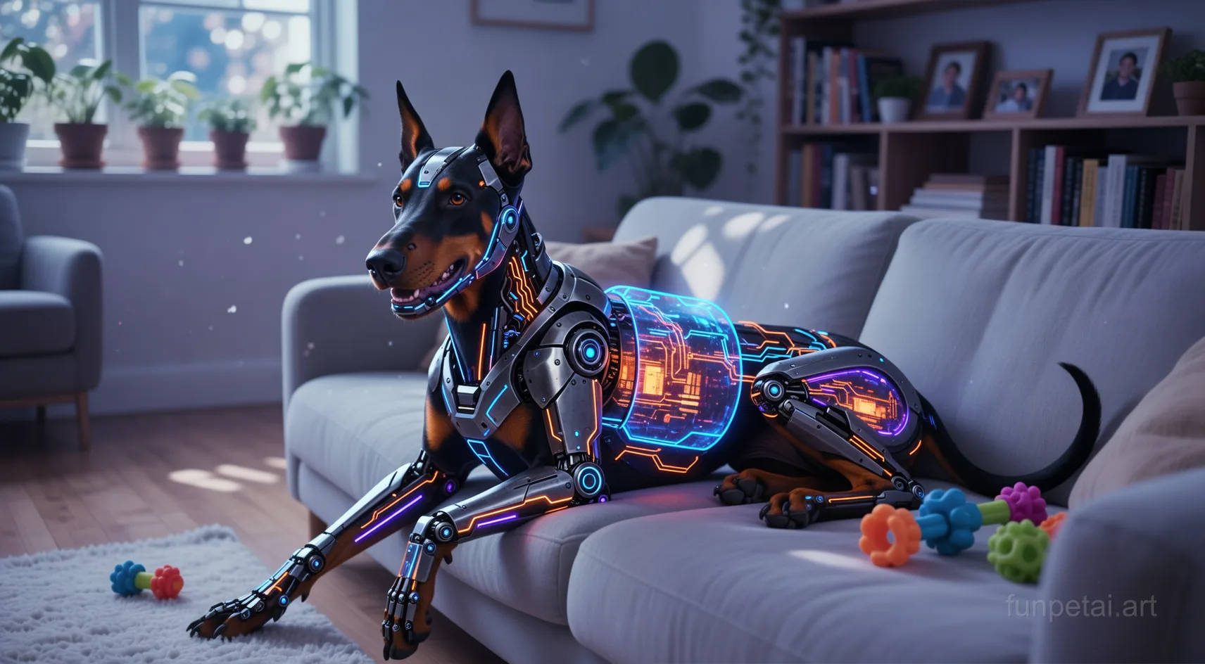 Doberman in neon cyberpunk city lights with metallic accents, cinematic AI pet portrait