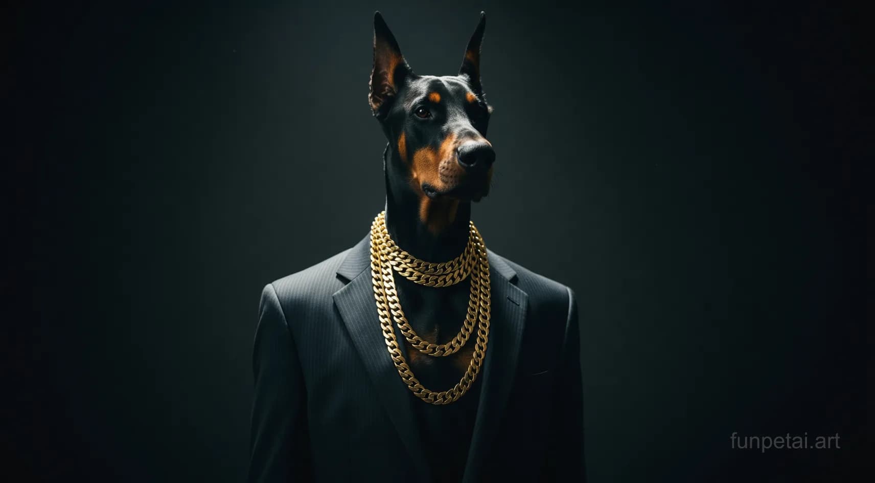 Doberman in a dark suit with gold chain, cinematic noir lighting, cinematic AI pet portrait