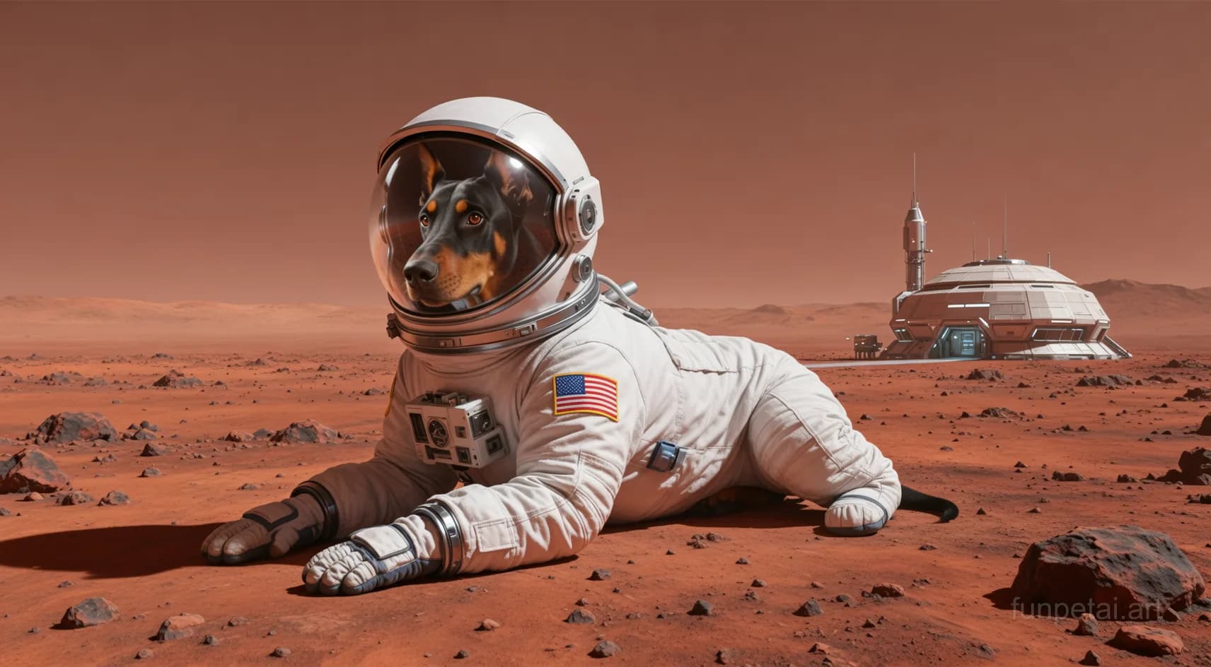 Doberman wearing a space suit on Mars, red planet glow, cinematic AI pet portrait