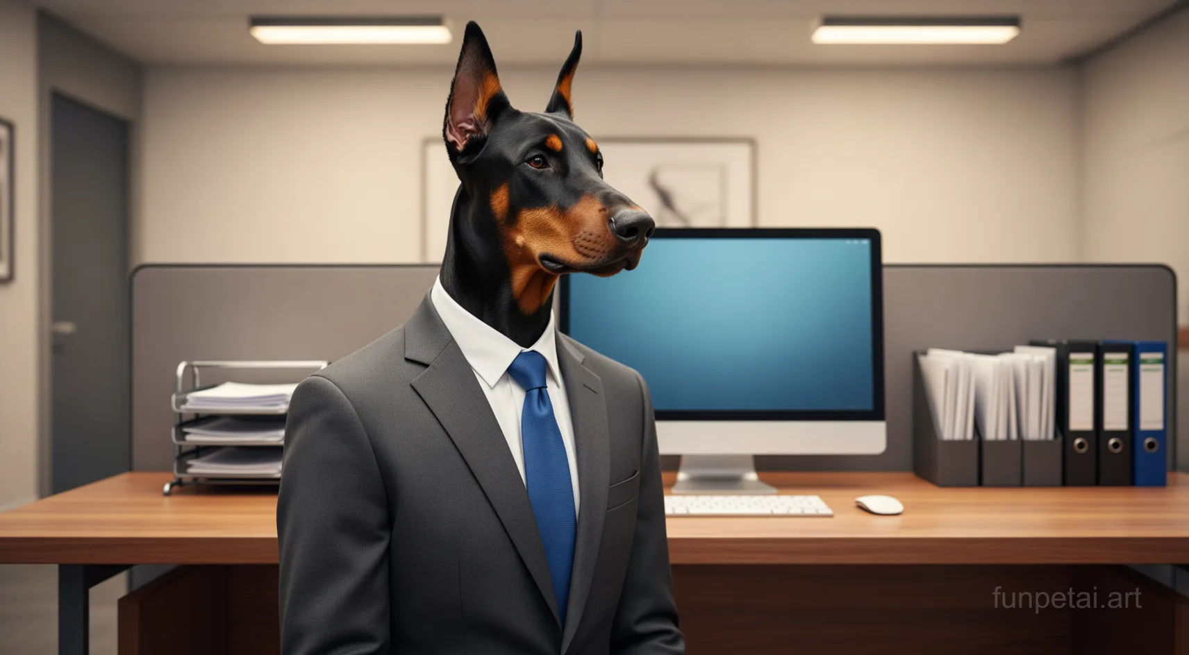Doberman in a tailored suit at a modern office desk, cinematic AI pet portrait