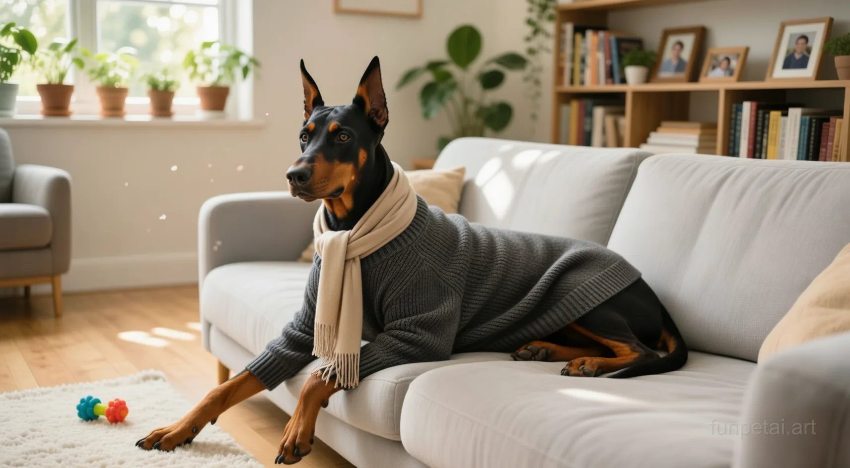 Doberman in an old money portrait with cashmere texture, cinematic AI pet portrait