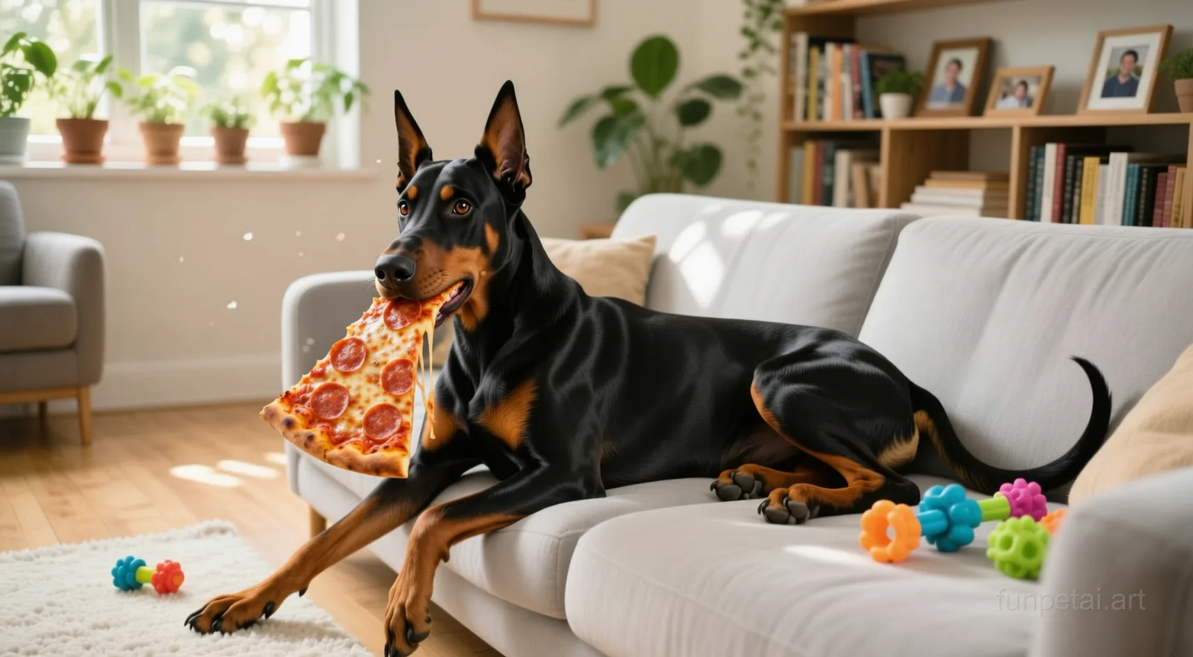 Doberman stealing a pizza slice with a playful expression, cinematic AI pet portrait