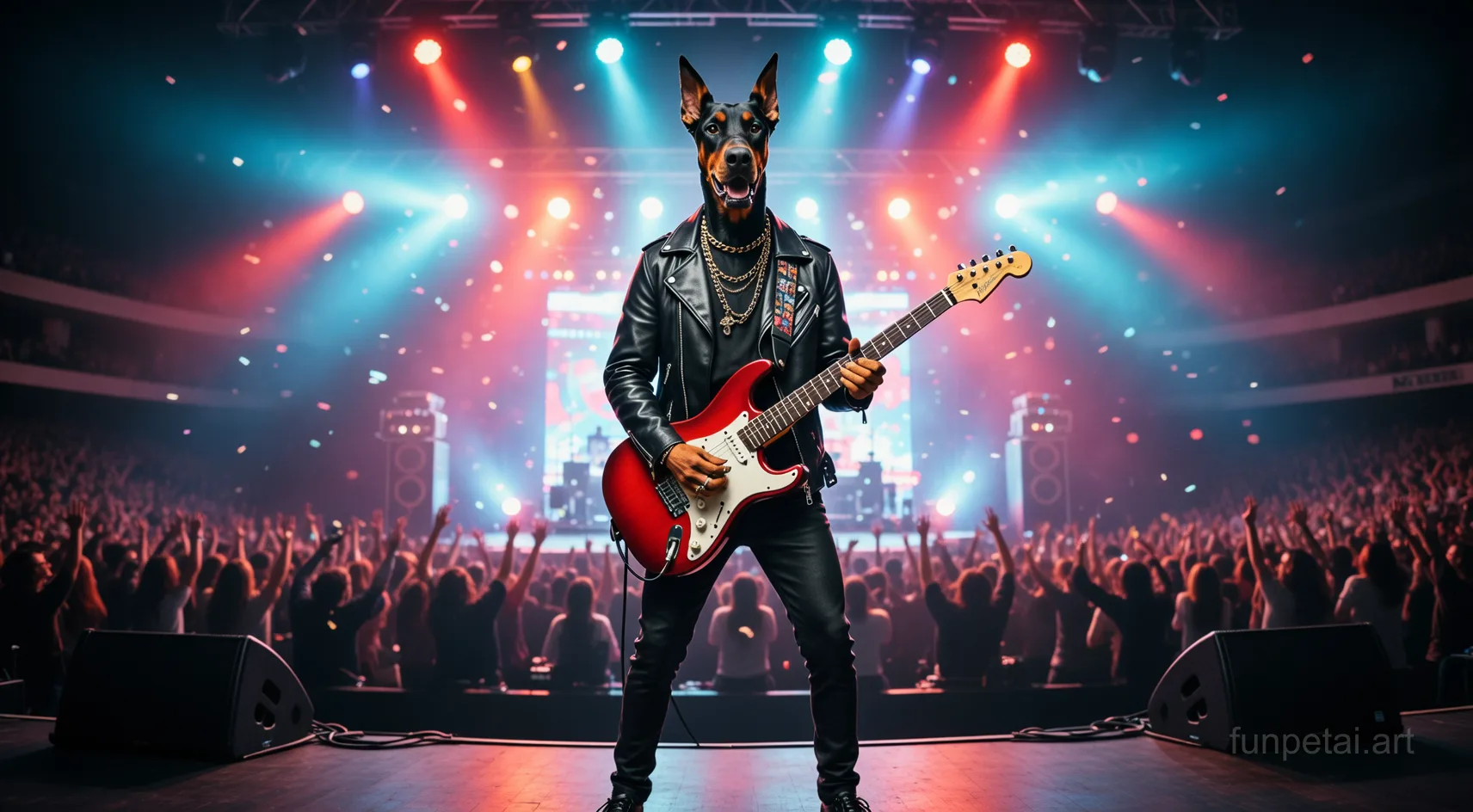 Doberman on stage with an electric guitar and concert lights, cinematic AI pet portrait