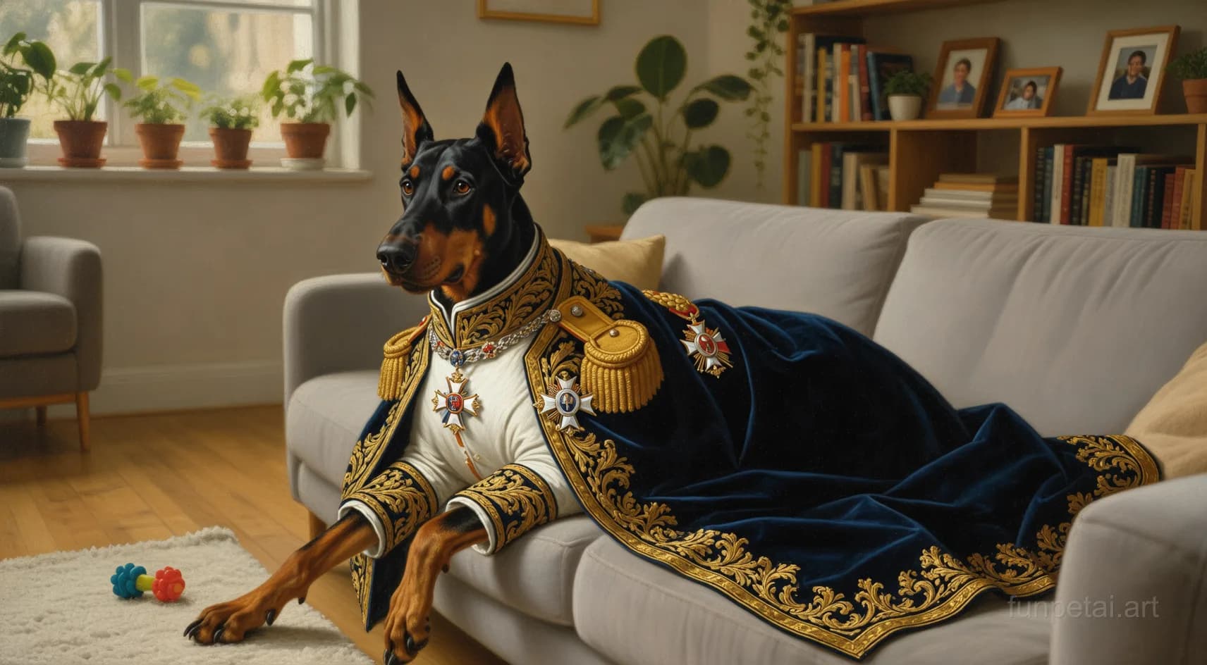 Doberman in a royal portrait with ornate outfit, classic oil texture, cinematic AI pet portrait
