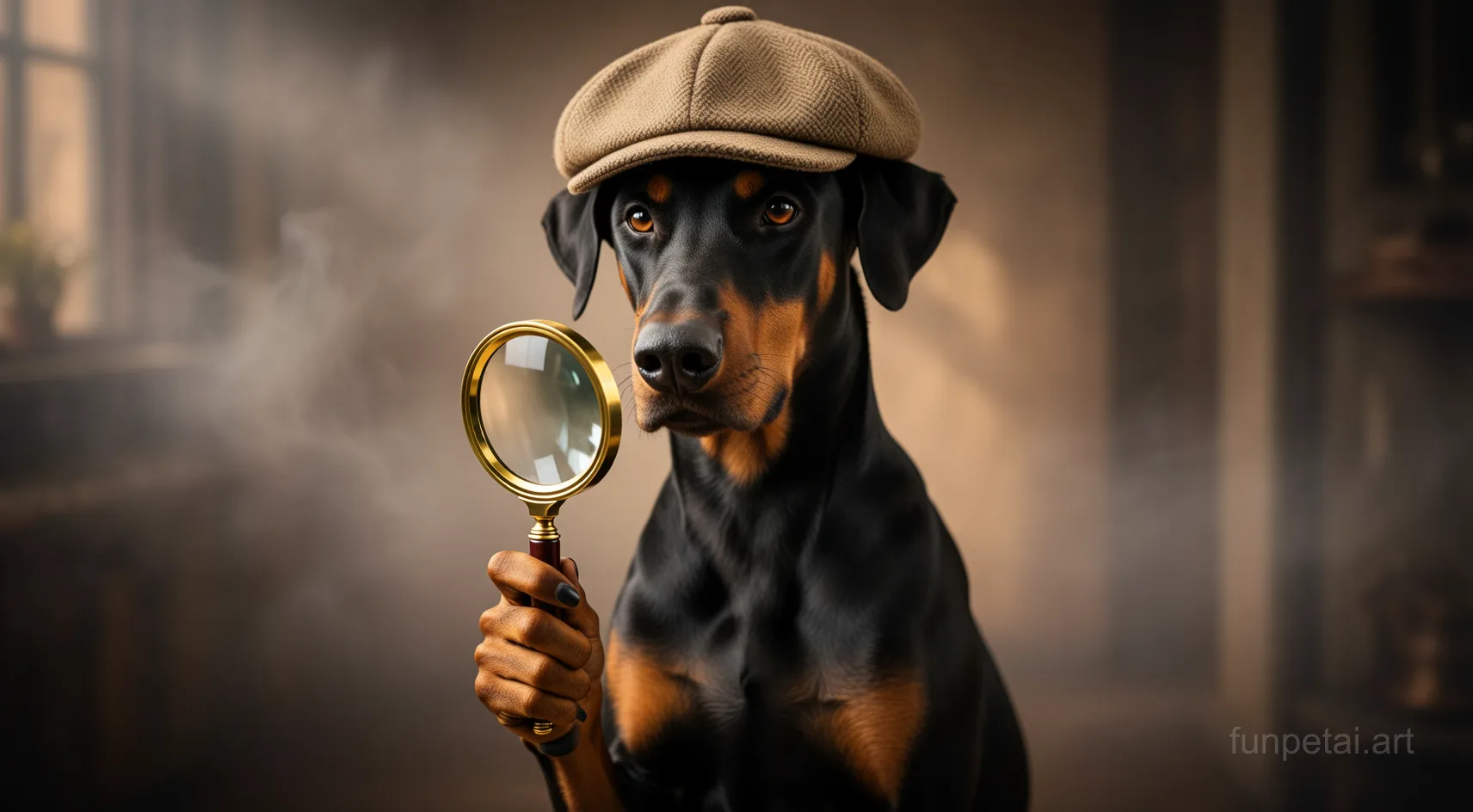 Doberman as a detective with a deerstalker hat and magnifier, cinematic AI pet portrait