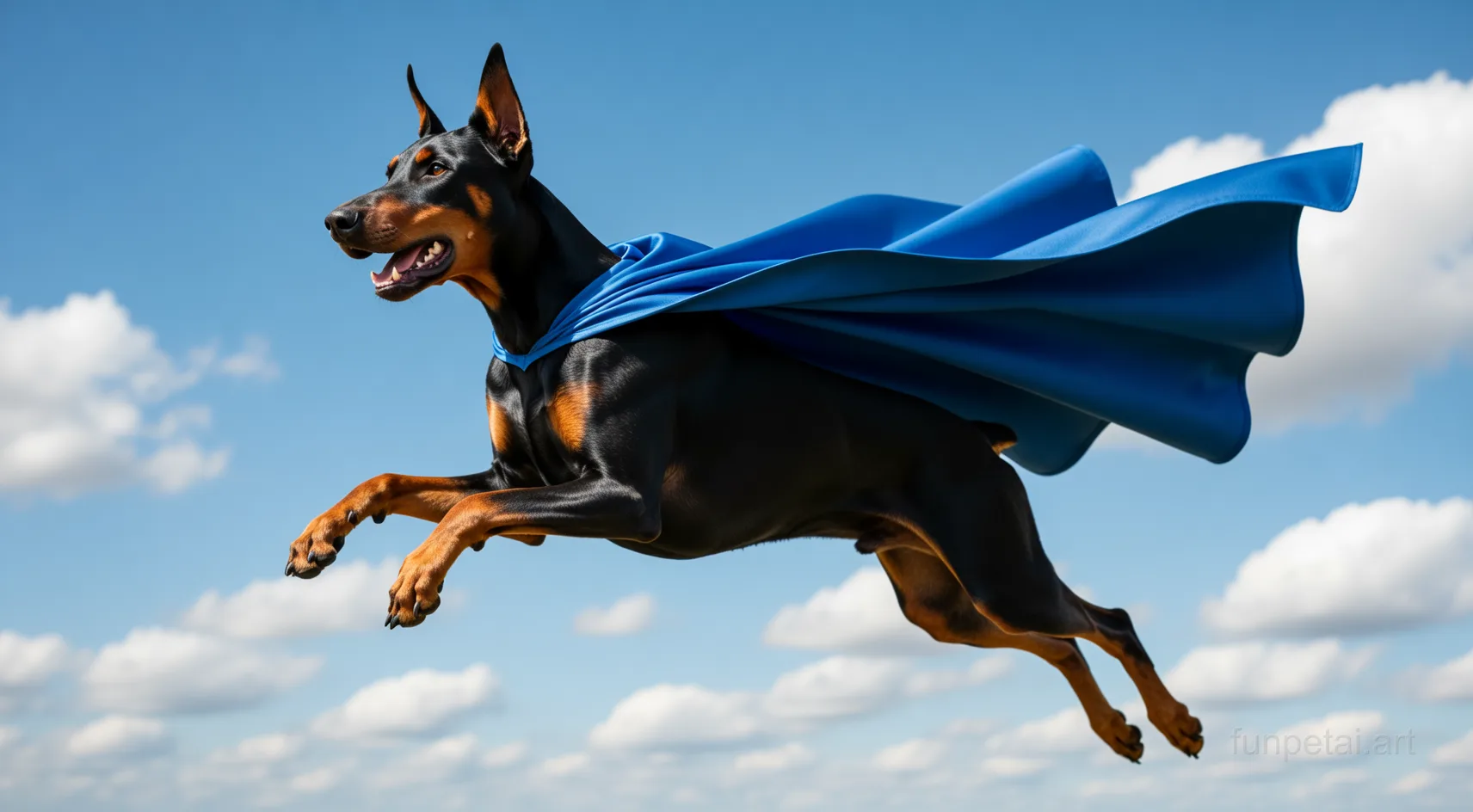 Doberman as a superhero with a cape and heroic sky, cinematic AI pet portrait