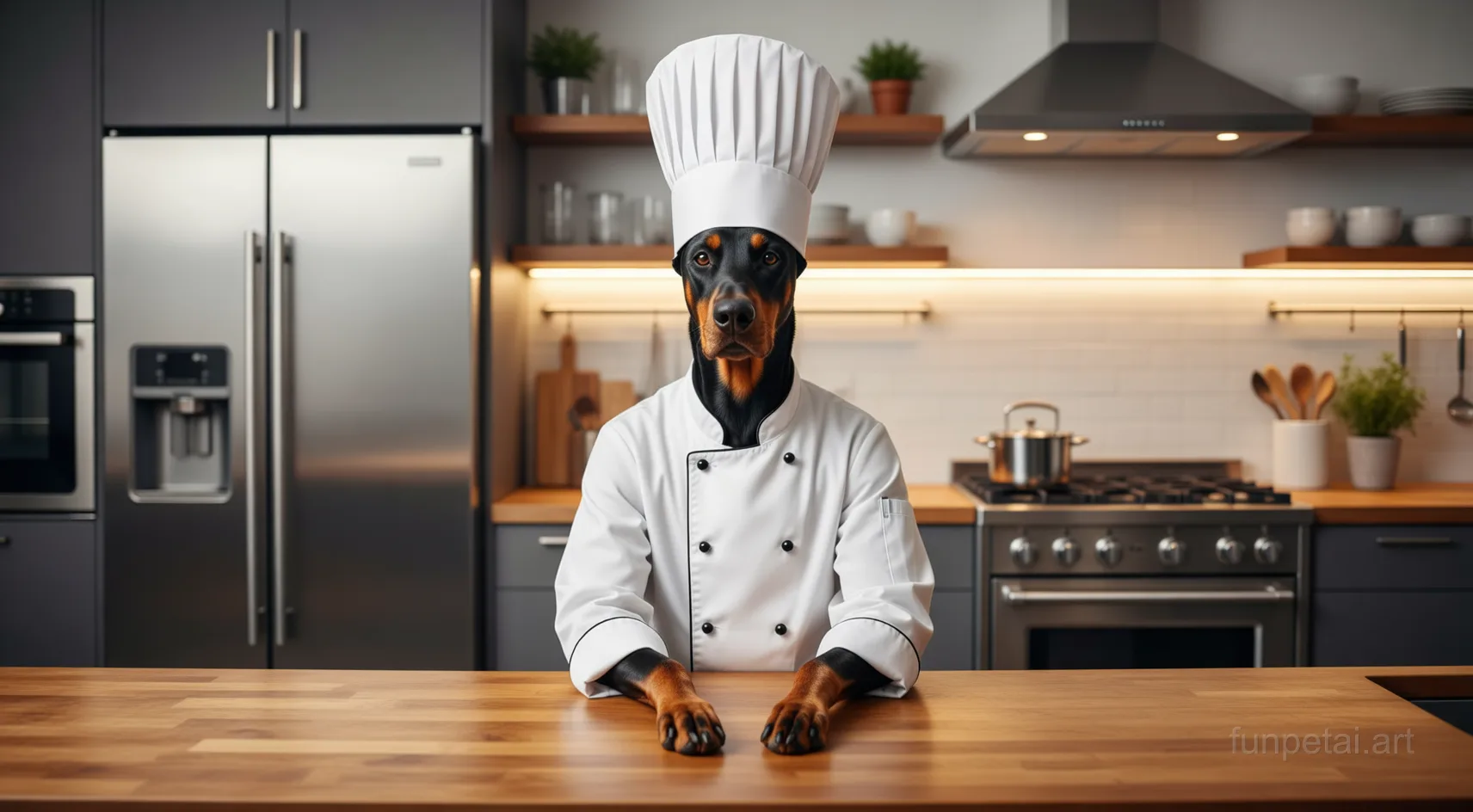 Doberman wearing a chef hat in a modern kitchen, cinematic AI pet portrait