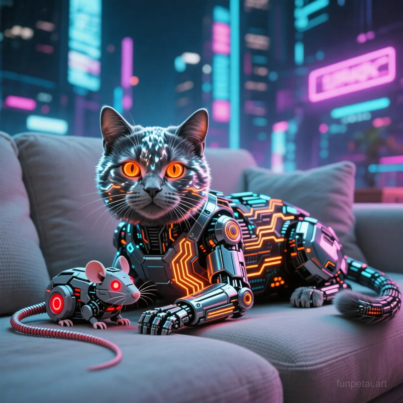 Exotic Shorthair in neon cyberpunk city lights with metallic accents, cinematic AI pet portrait