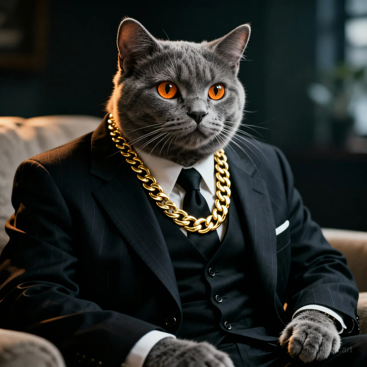 Exotic Shorthair in a dark suit with gold chain, cinematic noir lighting, cinematic AI pet portrait