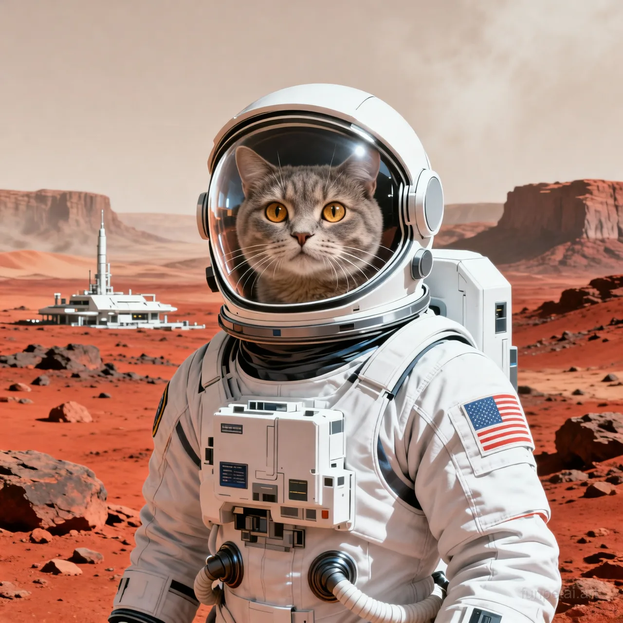Exotic Shorthair wearing a space suit on Mars, red planet glow, cinematic AI pet portrait