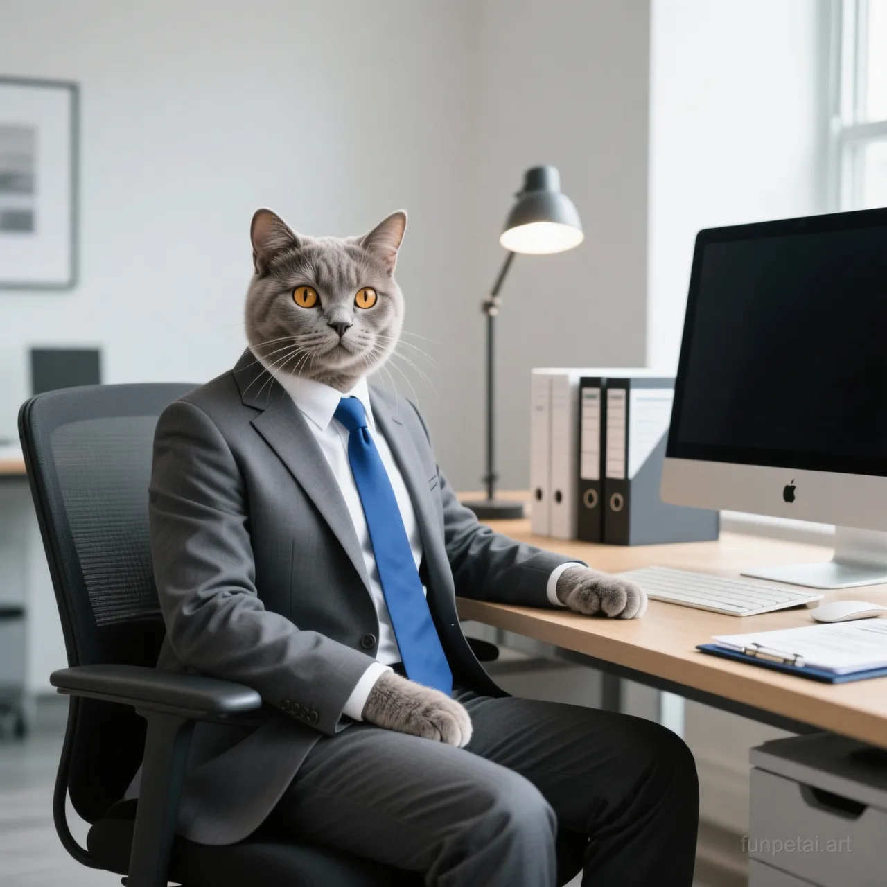 Exotic Shorthair in a tailored suit at a modern office desk, cinematic AI pet portrait