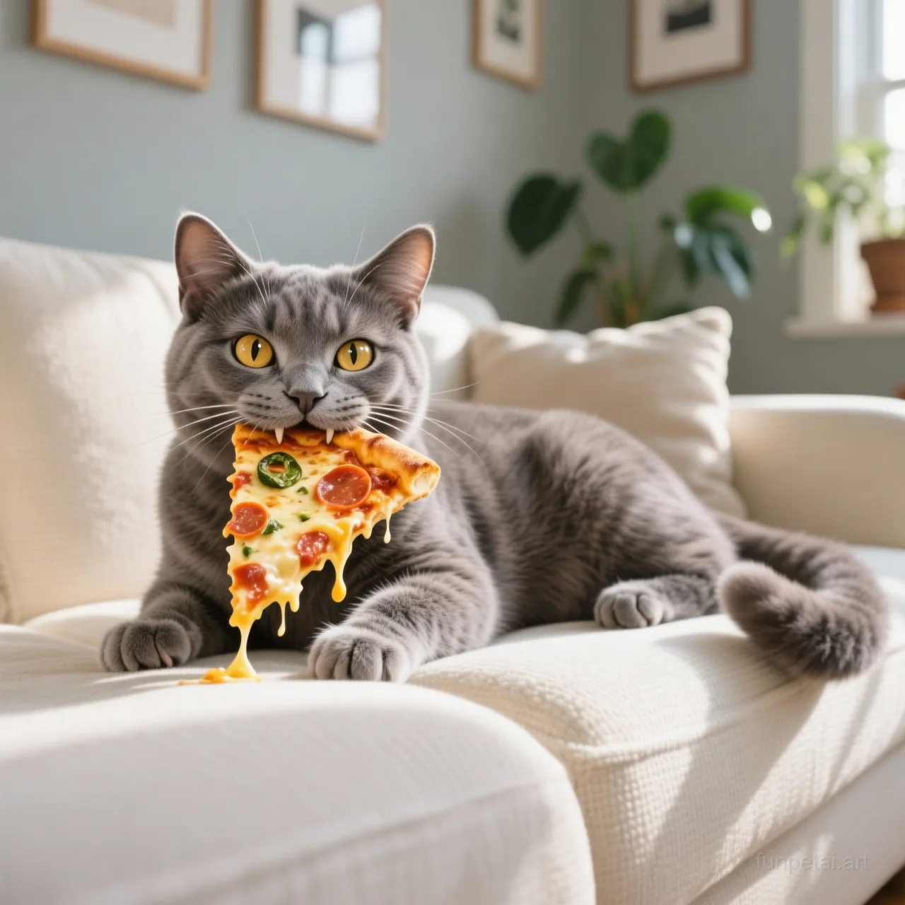 Exotic Shorthair stealing a pizza slice with a playful expression, cinematic AI pet portrait