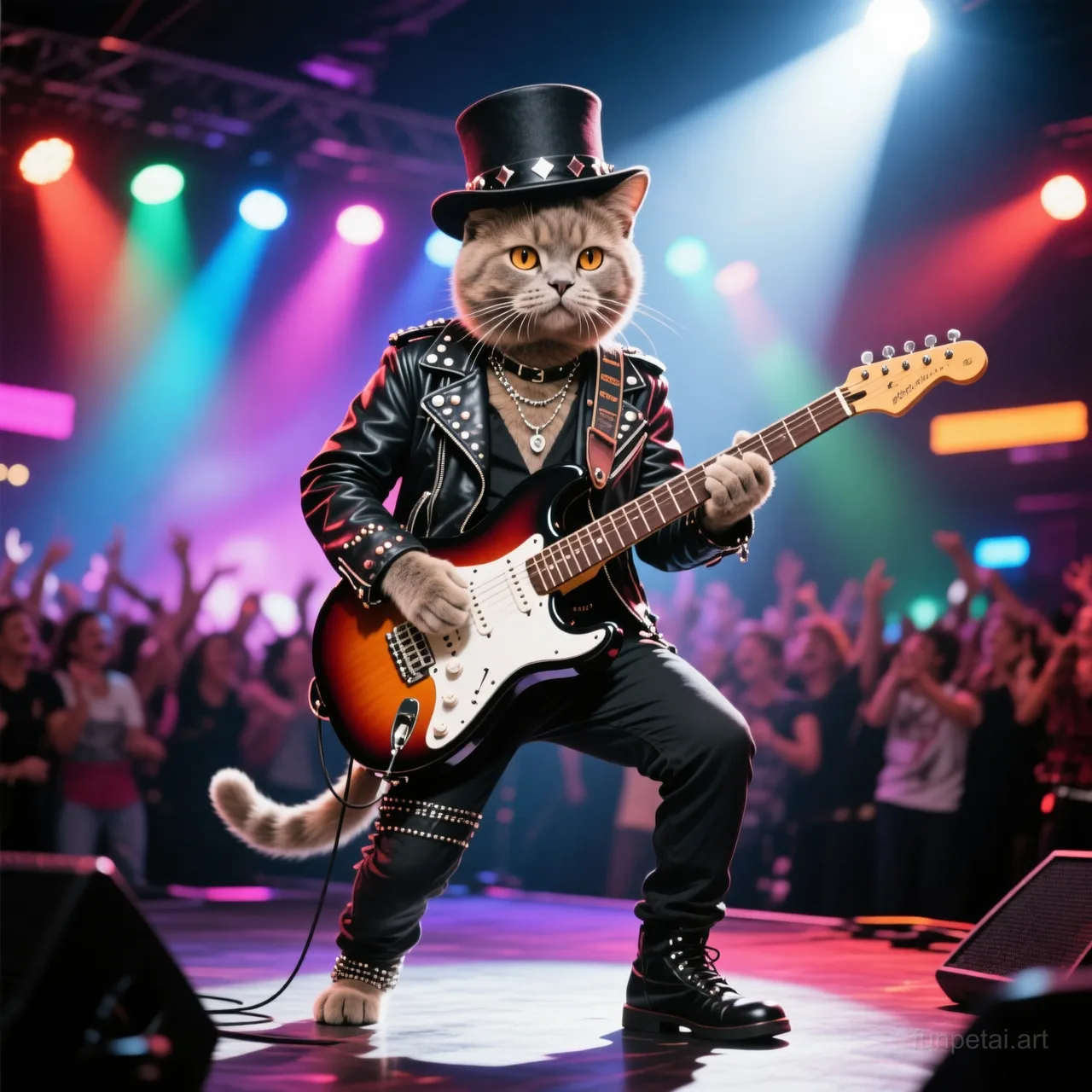Exotic Shorthair on stage with an electric guitar and concert lights, cinematic AI pet portrait