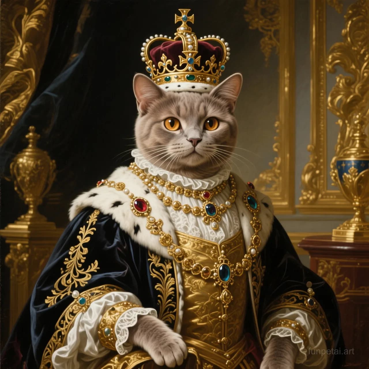 Exotic Shorthair in a royal portrait with ornate outfit, classic oil texture, cinematic AI pet portrait
