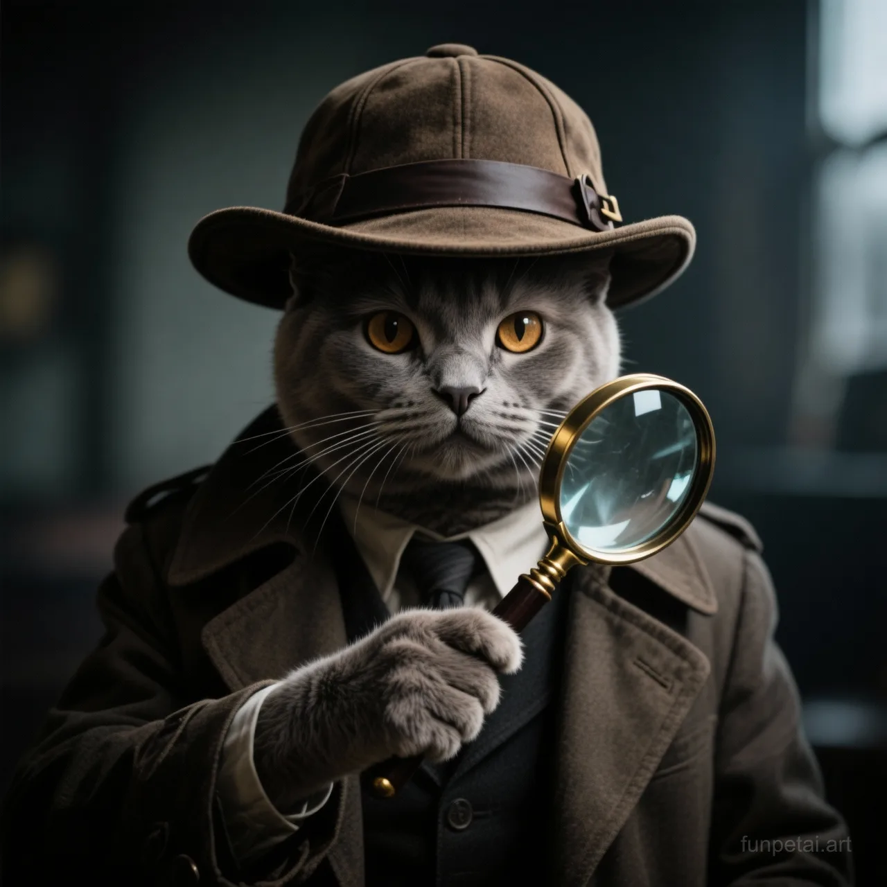Exotic Shorthair as a detective with a deerstalker hat and magnifier, cinematic AI pet portrait