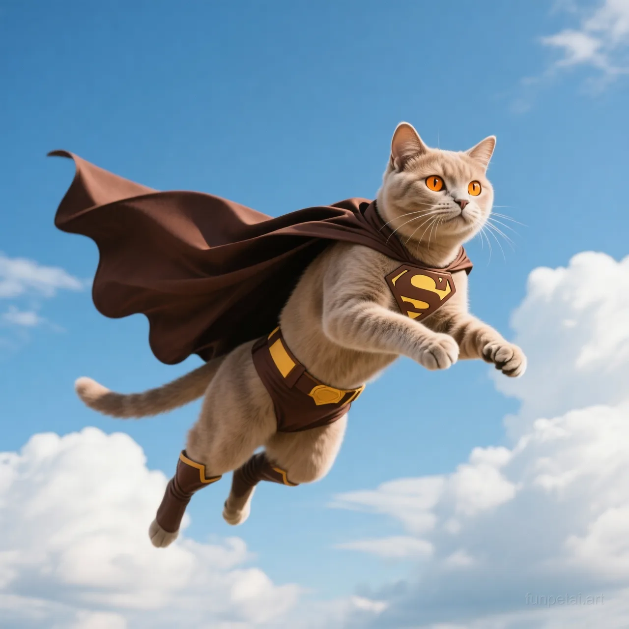 Exotic Shorthair as a superhero with a cape and heroic sky, cinematic AI pet portrait