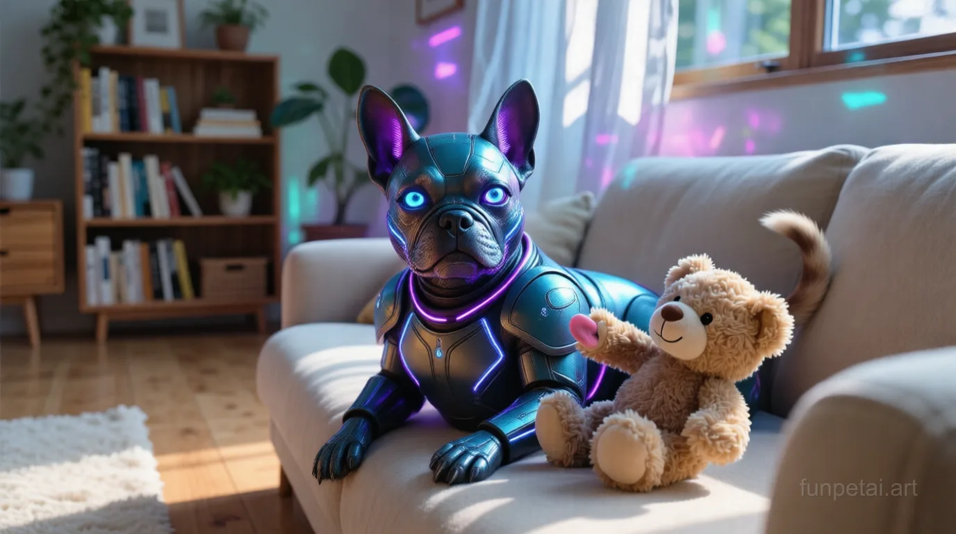 French Bulldog in neon cyberpunk city lights with metallic accents, cinematic AI pet portrait