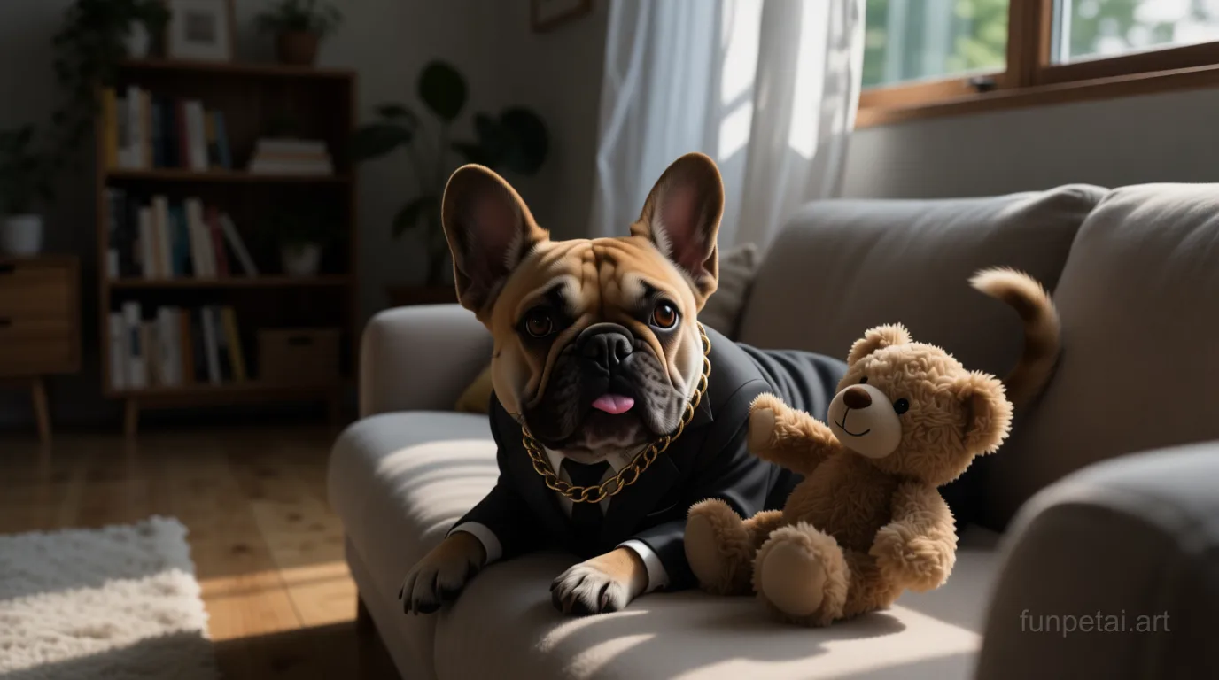 French Bulldog in a dark suit with gold chain, cinematic noir lighting, cinematic AI pet portrait