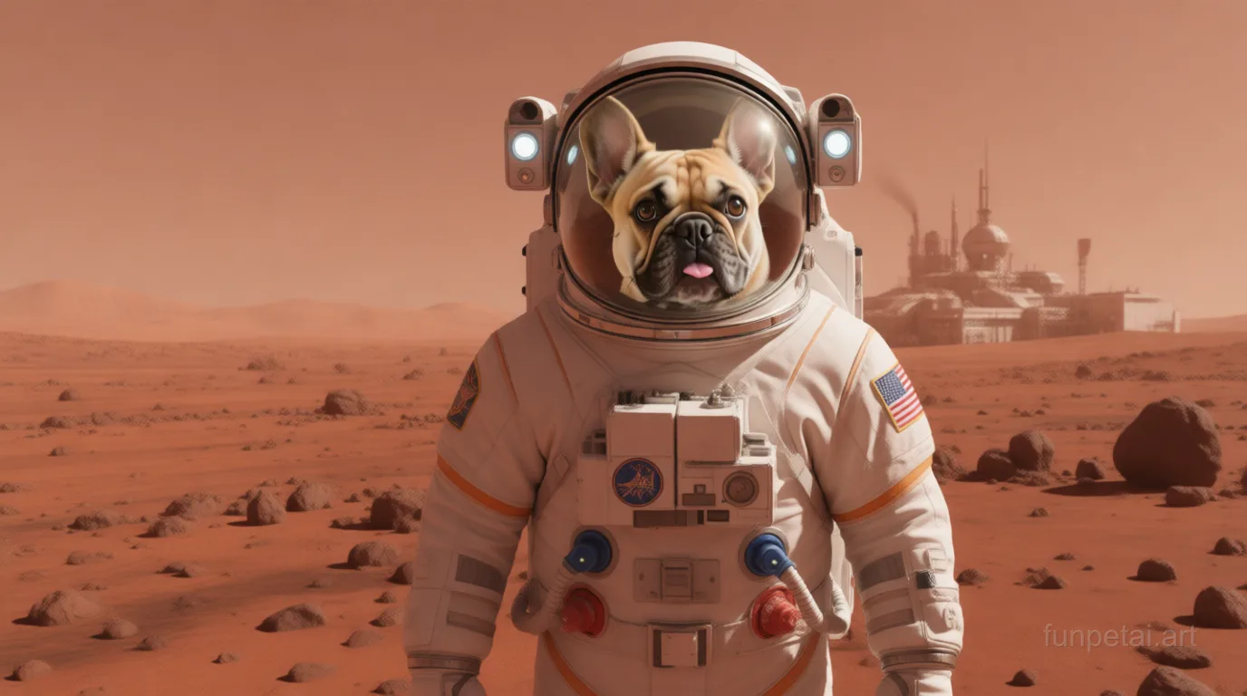 French Bulldog wearing a space suit on Mars, red planet glow, cinematic AI pet portrait