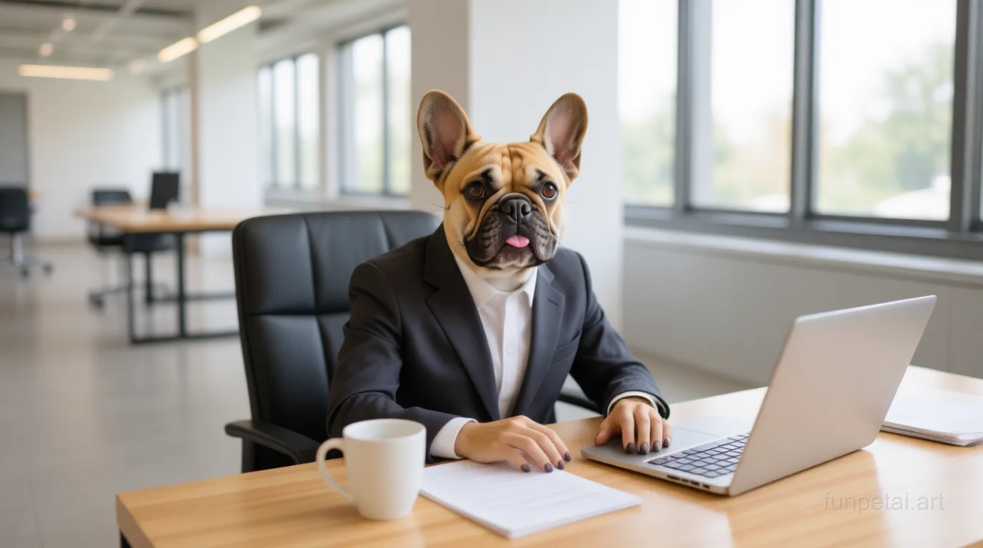French Bulldog in a tailored suit at a modern office desk, cinematic AI pet portrait