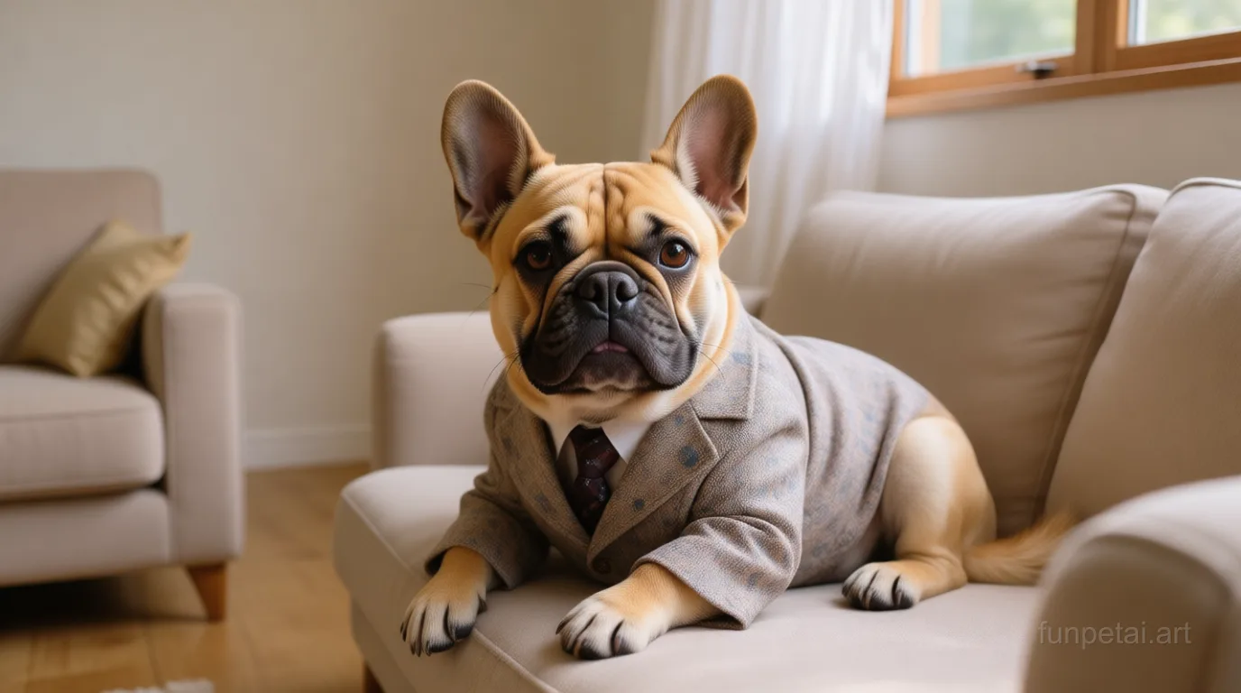 French Bulldog in an old money portrait with cashmere texture, cinematic AI pet portrait