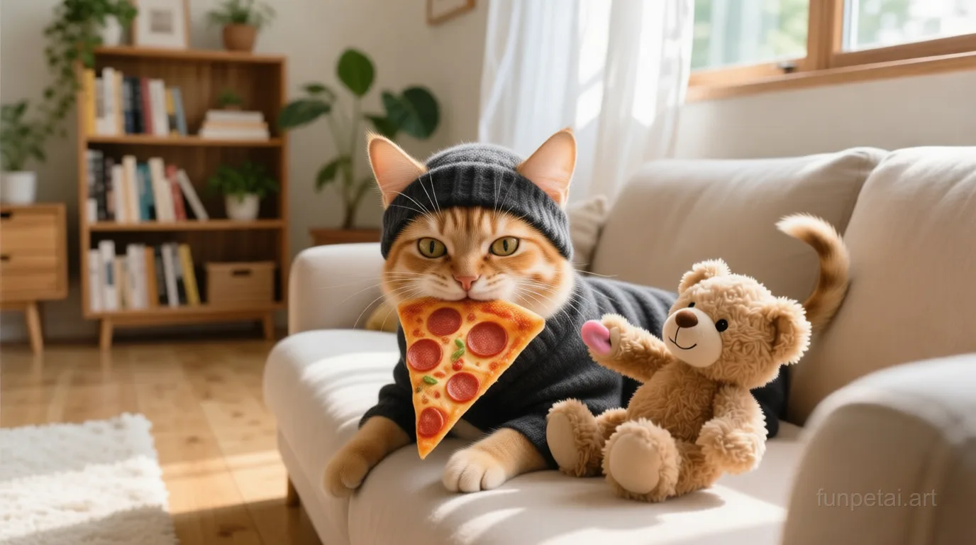 French Bulldog stealing a pizza slice with a playful expression, cinematic AI pet portrait