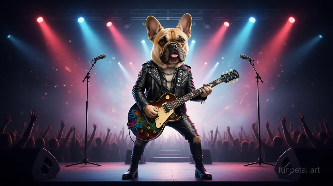 French Bulldog on stage with an electric guitar and concert lights, cinematic AI pet portrait