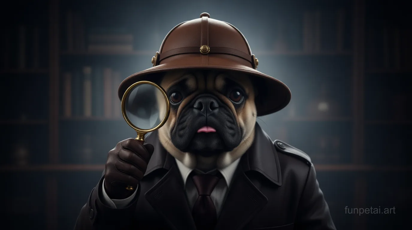 French Bulldog as a detective with a deerstalker hat and magnifier, cinematic AI pet portrait