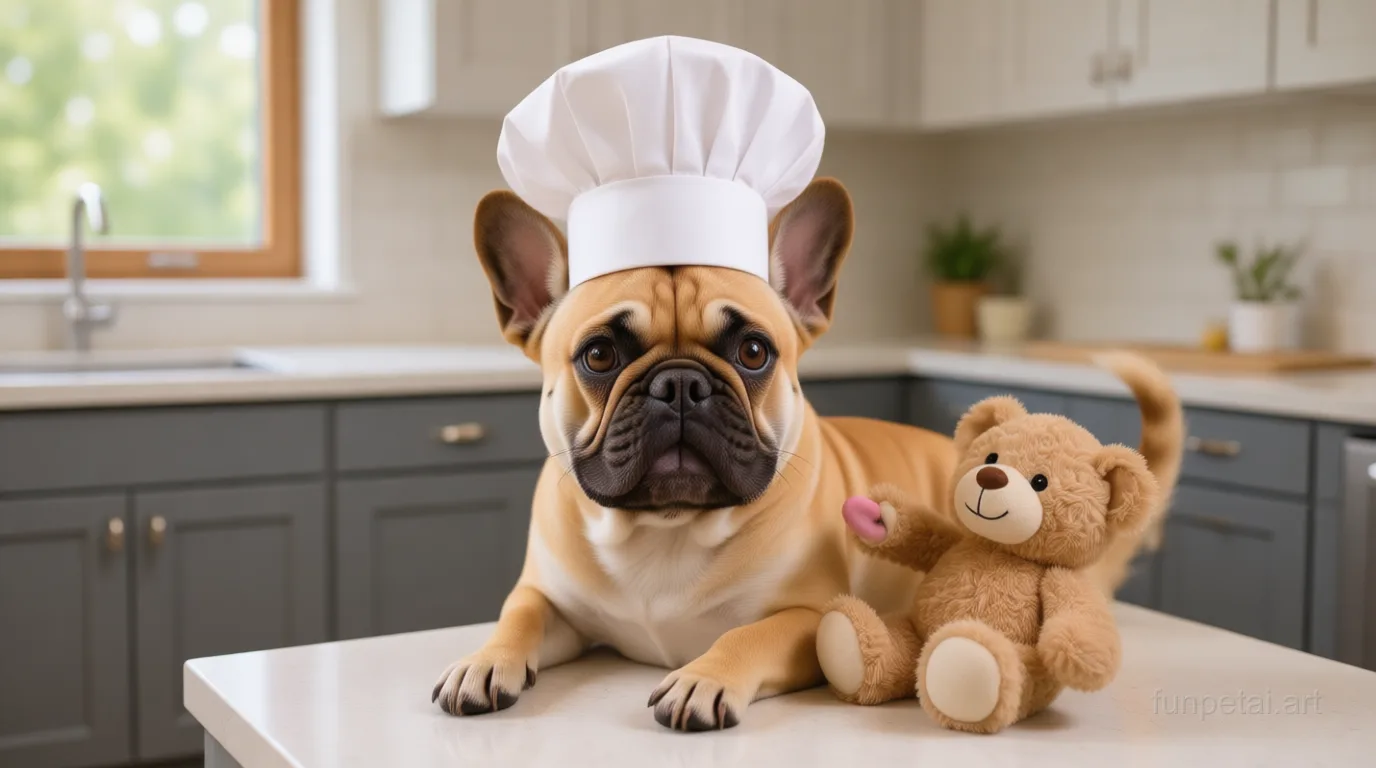 French Bulldog wearing a chef hat in a modern kitchen, cinematic AI pet portrait
