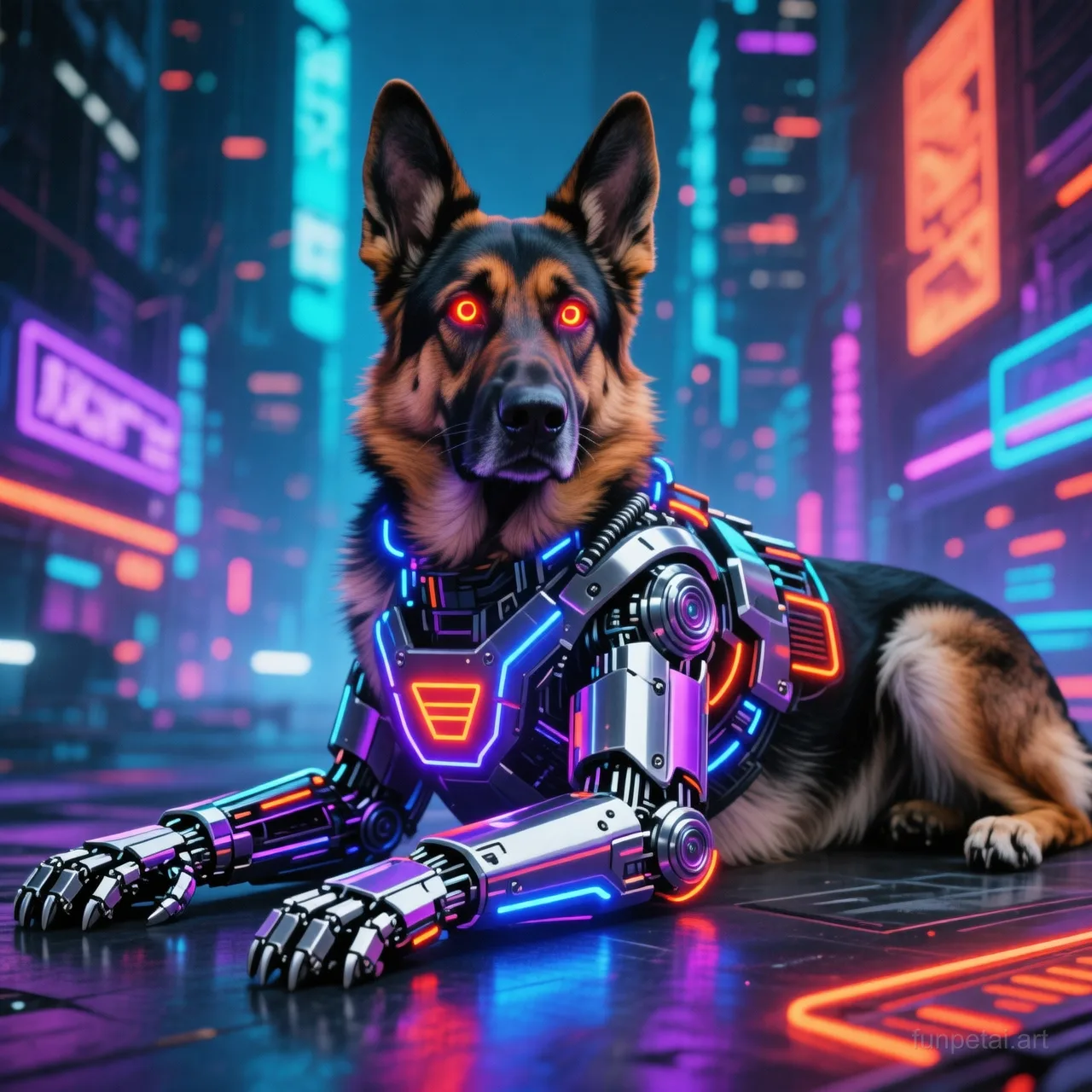 German Shepherd in neon cyberpunk city lights with metallic accents, cinematic AI pet portrait