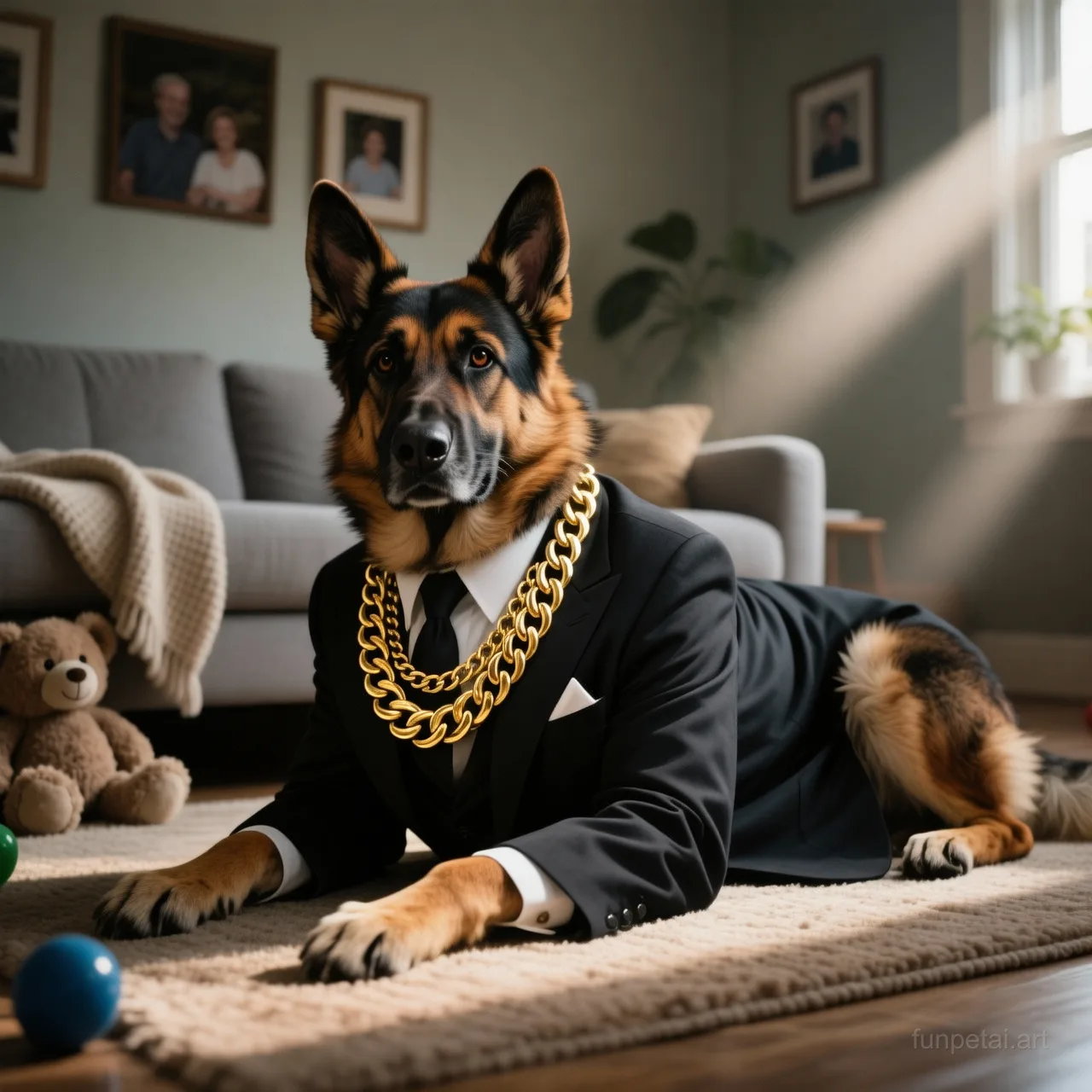 German Shepherd in a dark suit with gold chain, cinematic noir lighting, cinematic AI pet portrait