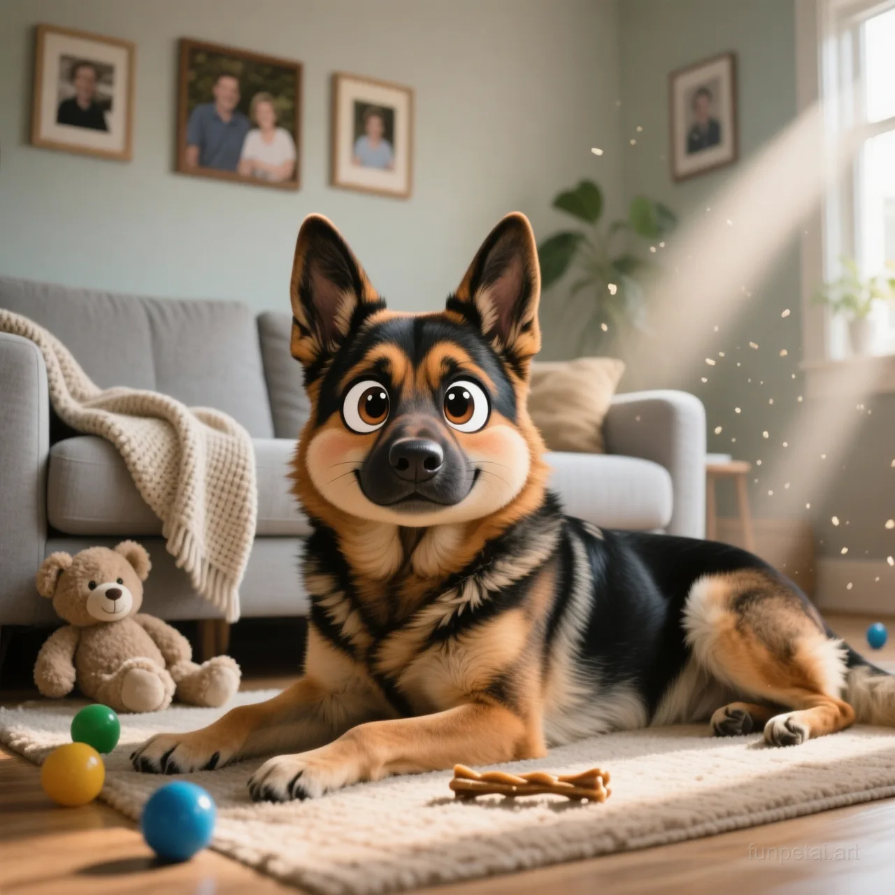 German Shepherd with a tiny-face studio portrait look, cinematic AI pet portrait