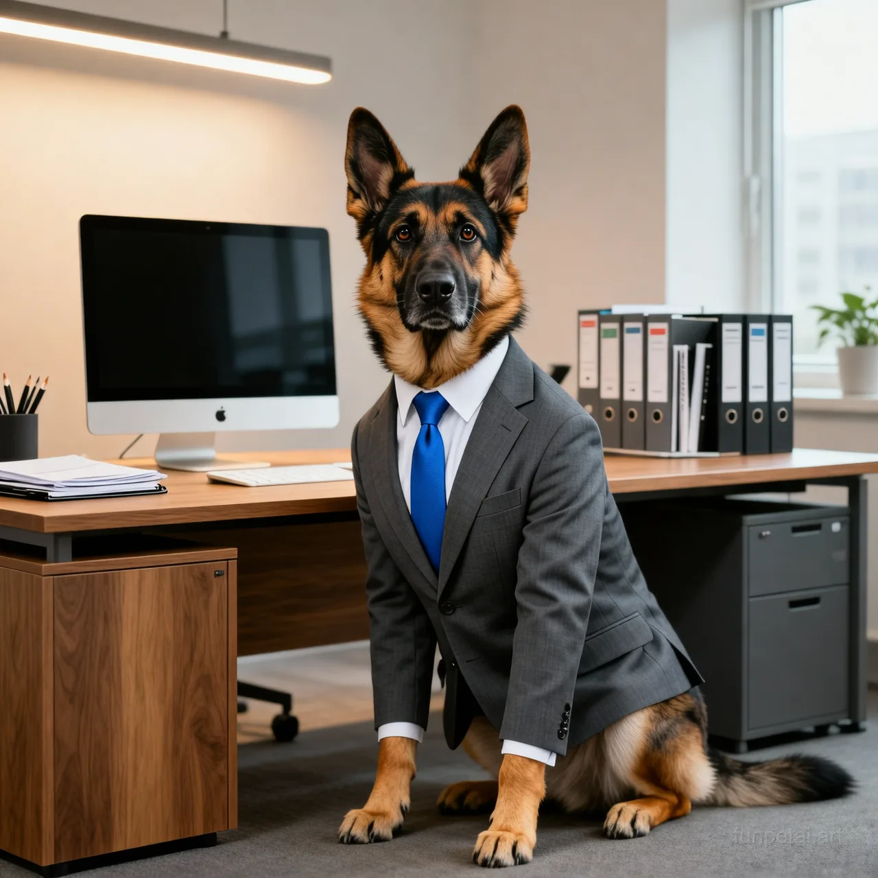 German Shepherd in a tailored suit at a modern office desk, cinematic AI pet portrait