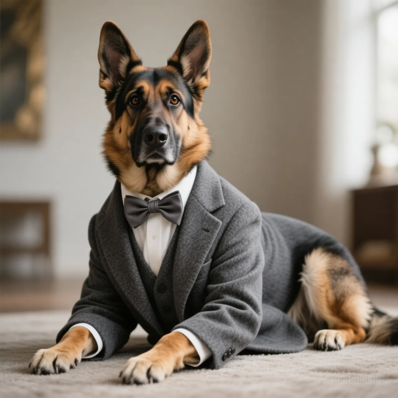 German Shepherd in an old money portrait with cashmere texture, cinematic AI pet portrait