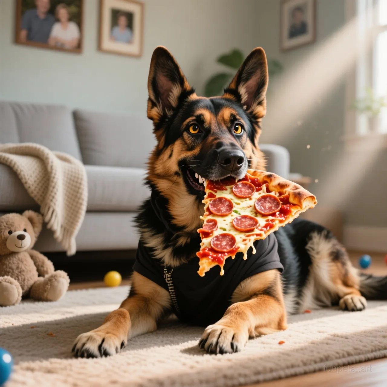 German Shepherd stealing a pizza slice with a playful expression, cinematic AI pet portrait
