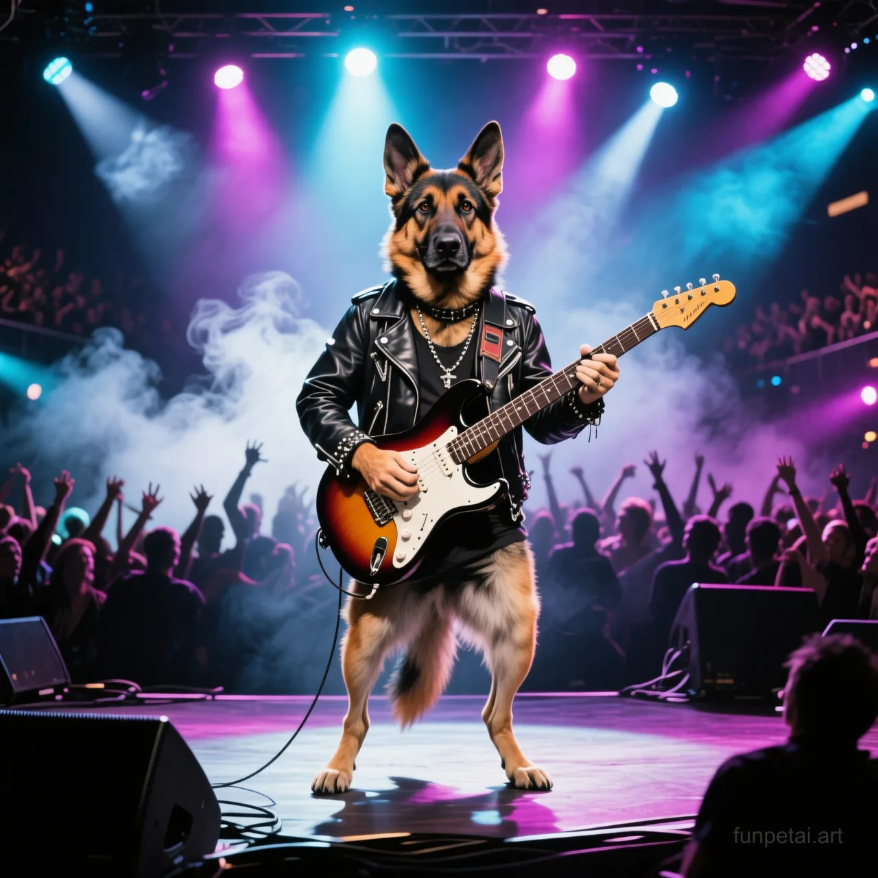 German Shepherd on stage with an electric guitar and concert lights, cinematic AI pet portrait